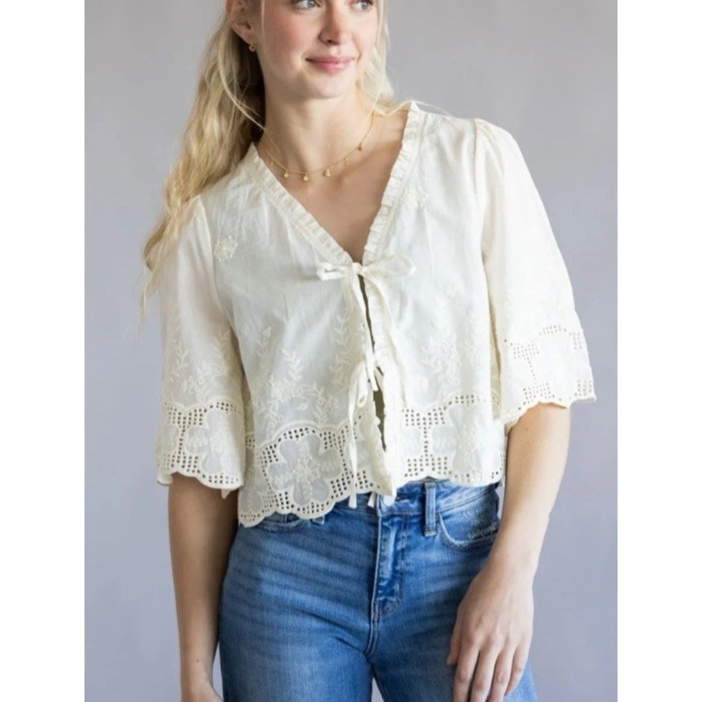 NWT Annie Wear Women's XL Ivory Embroidered Eyelet Peasant Top Boxy Cropped Boho